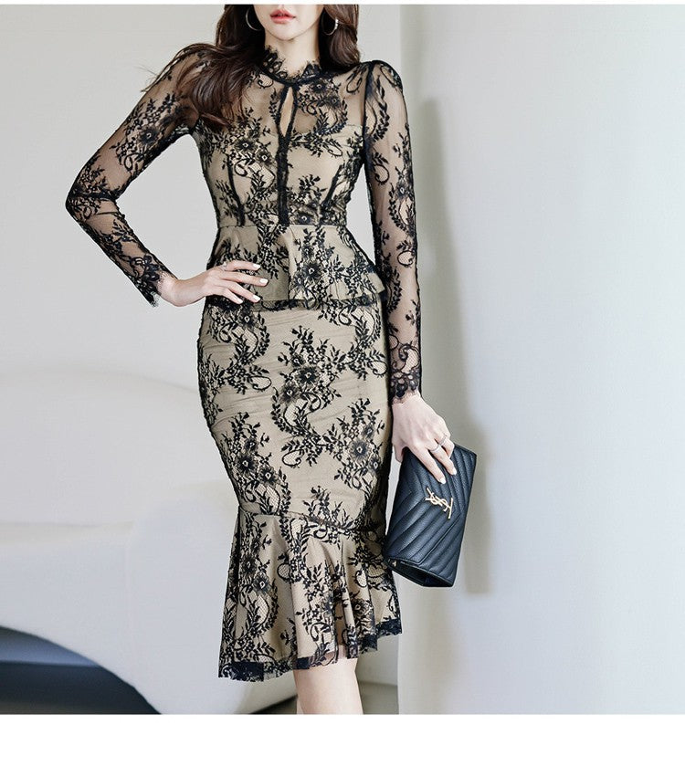 Women's Elegant Lace Dress - Long Sleeves - Vintage Floral Design