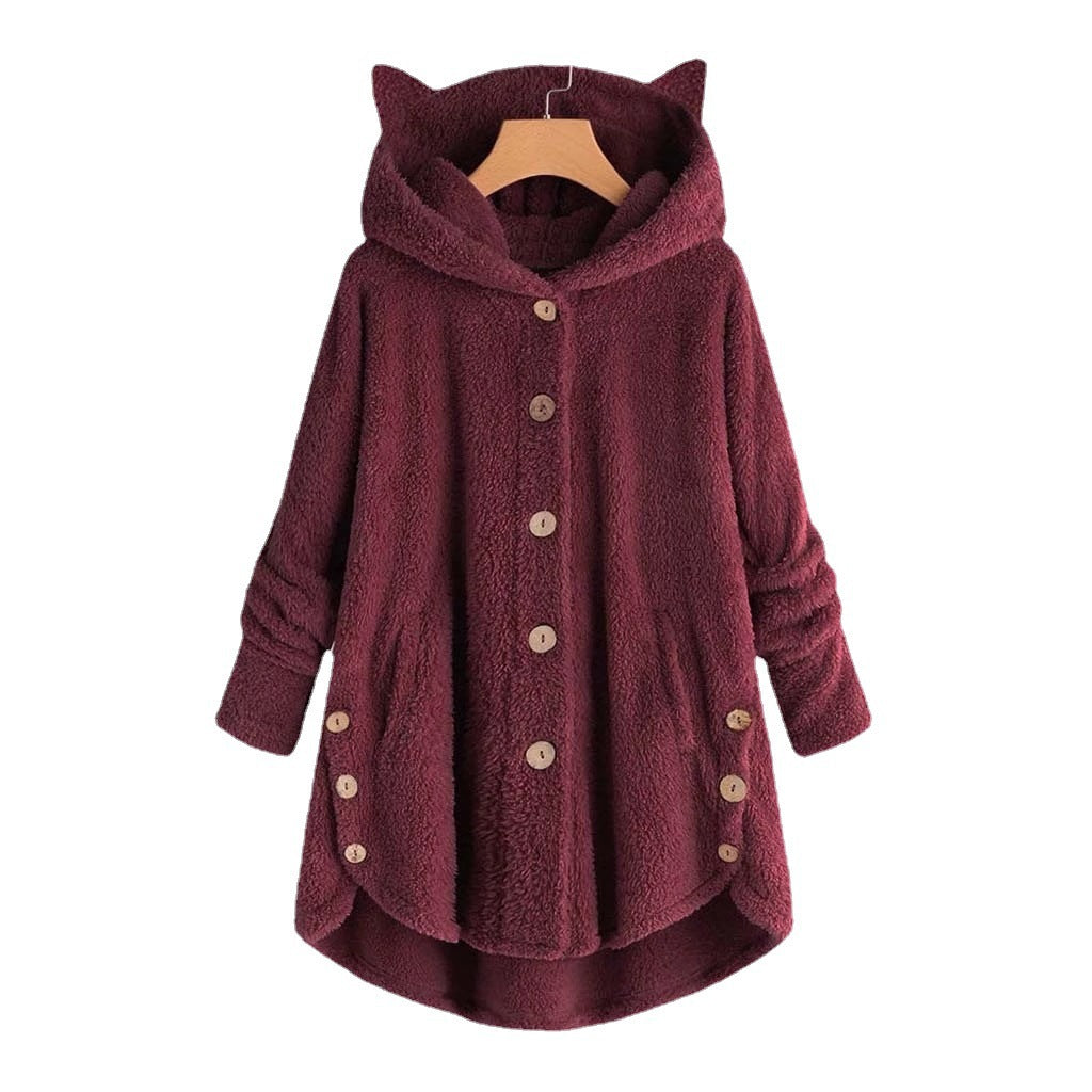 Women’s Hooded Coat – Plush Fabric – Oversized Fit – Cat Ear Hood – Button Front