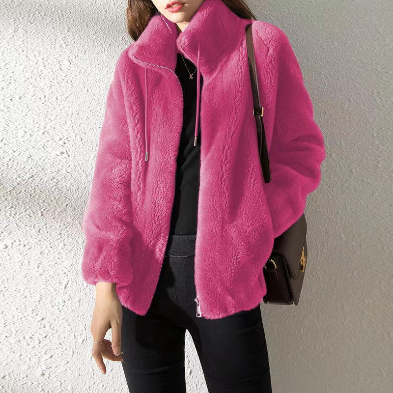 Women’s Bomber Jacket – Plush Fleece – Relaxed Fit – Stand Collar – Zip Front Closure