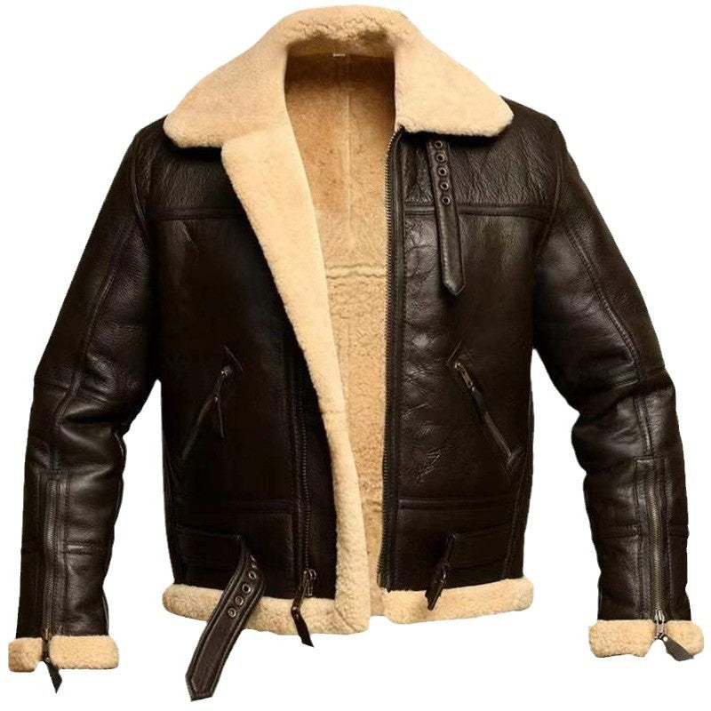 Men’s Coat – PU Leather – Plush Lined – High Collar – Waist Strap – Zip Sleeves