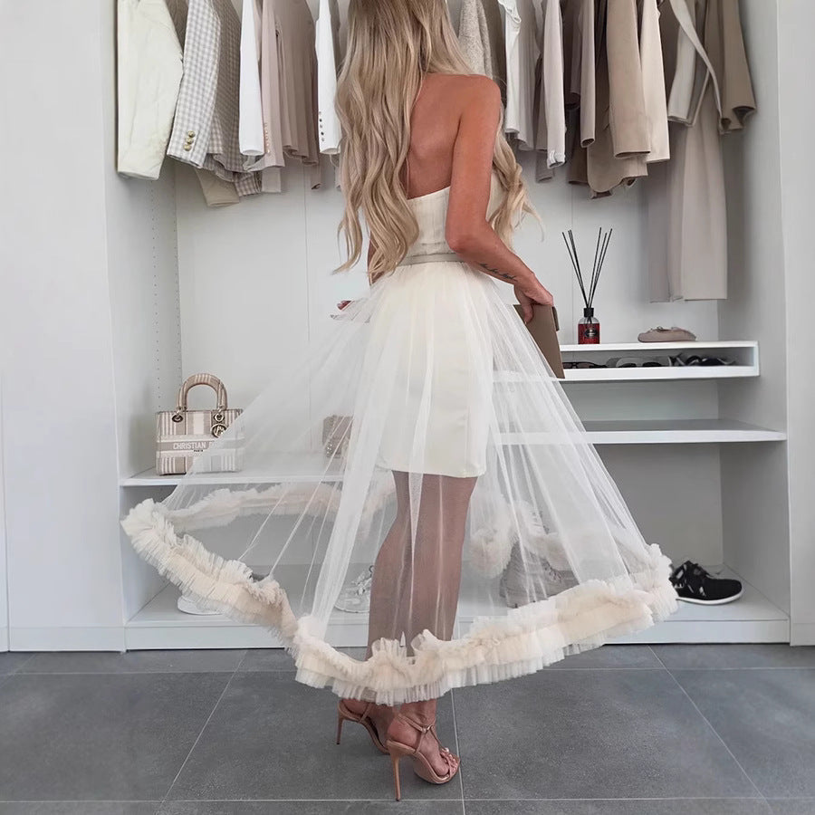 Naomi | Elegant Tulle Overlay Ruffle Hem Midi Dress