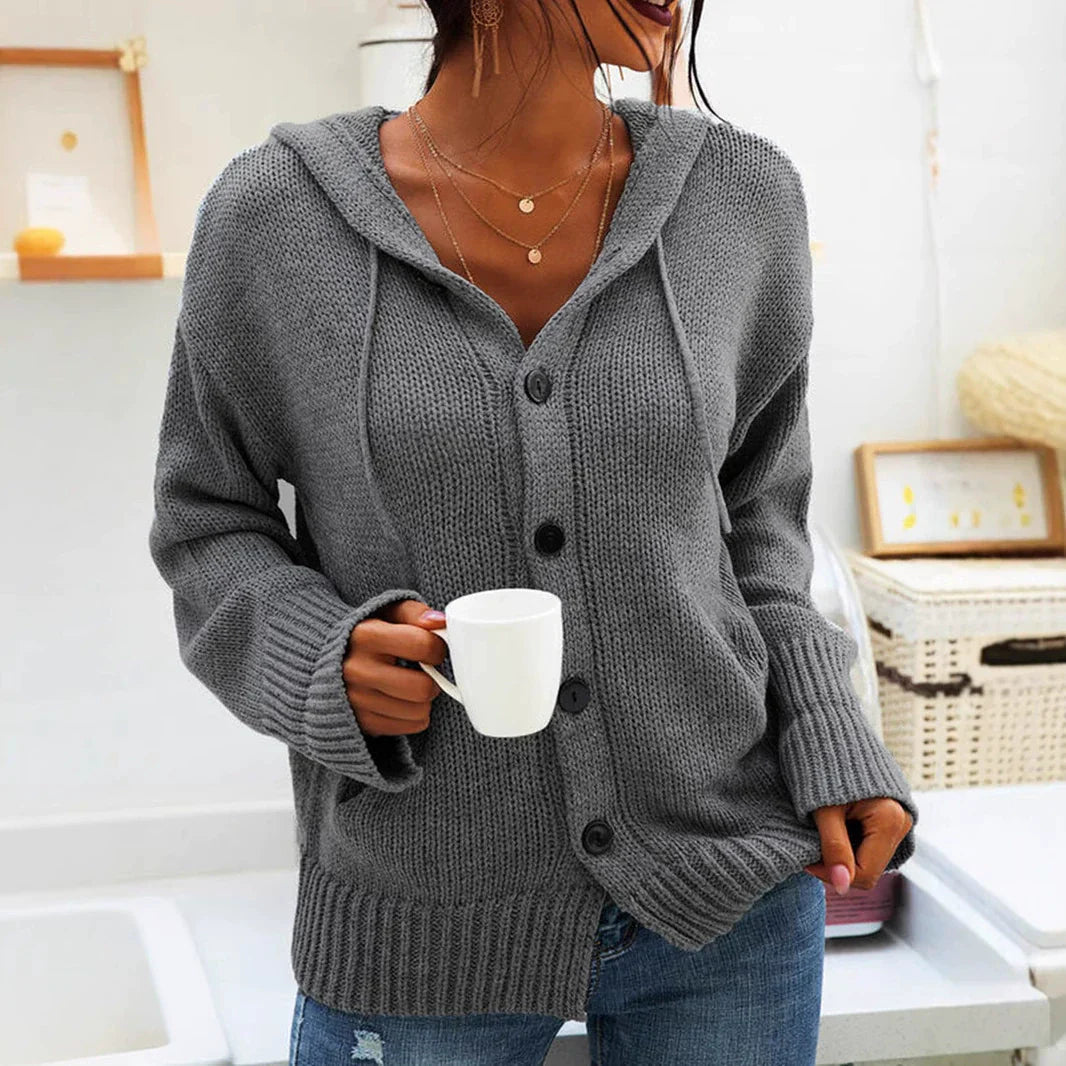 Women’s Hooded Cardigan – Knit Fabric – Relaxed Fit – Button Front – Ribbed Hem