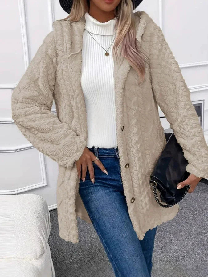 Women’s Long Jacket – Textured Fleece – Oversized Fit – Hooded Button Front