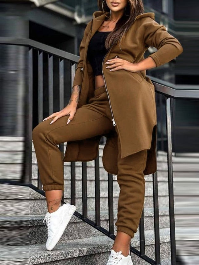 Women’s Tracksuit Set – Relaxed Fit – Longline Zip Hoodie – Cotton Blend Joggers