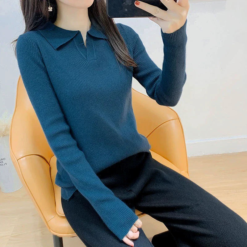 Women’s Knitted Sweater – Slim Fit – Lapel Collar – Ribbed Texture – Long Sleeve