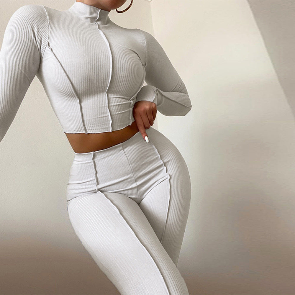 Women’s Athleisure Set – Ribbed Knit – Slim Fit – Long Sleeve Crop Top & Leggings