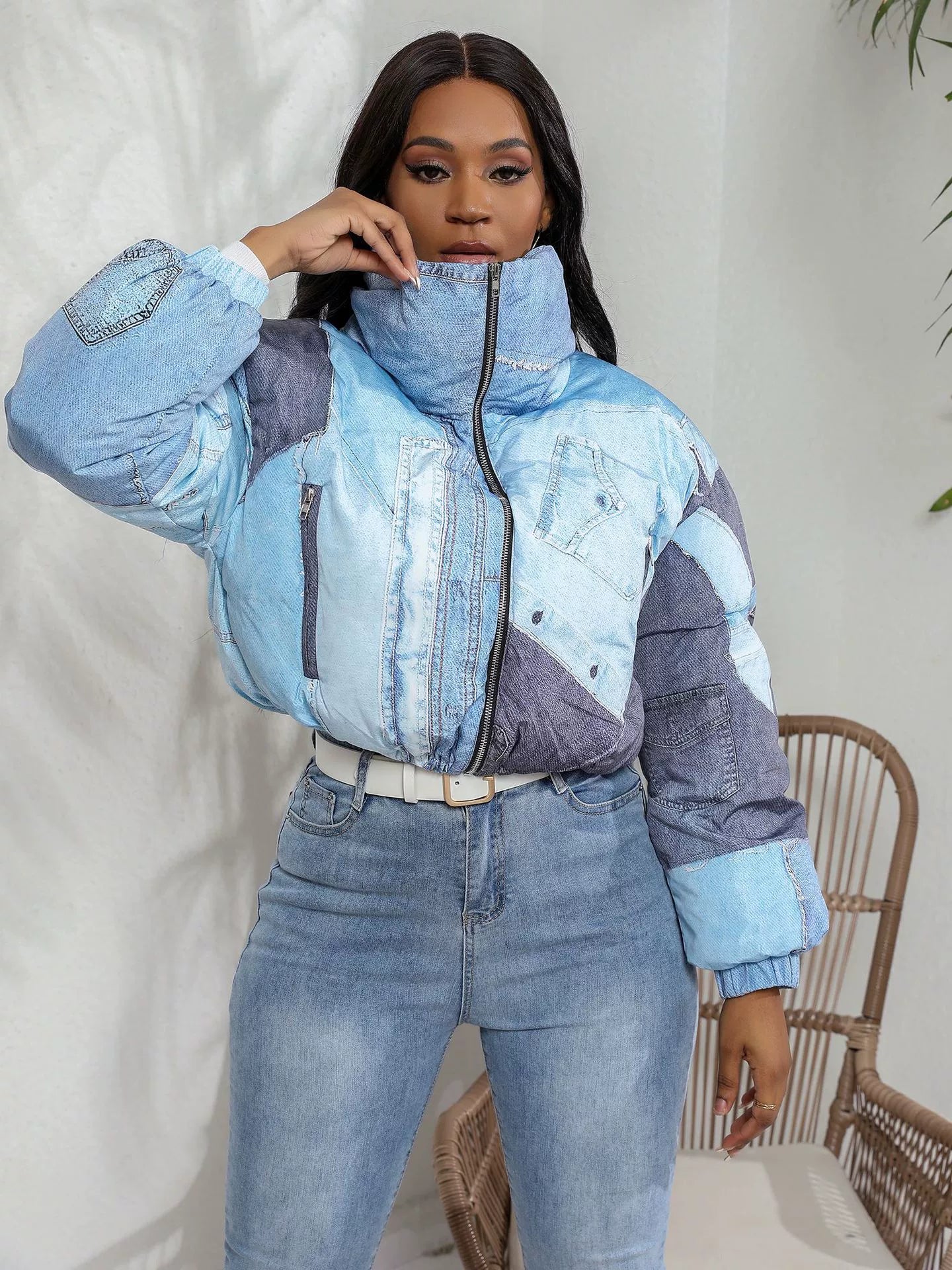 Women’s Jacket – Oversized Puffy Fit – Denim Look – Patchwork Design – Zip Front