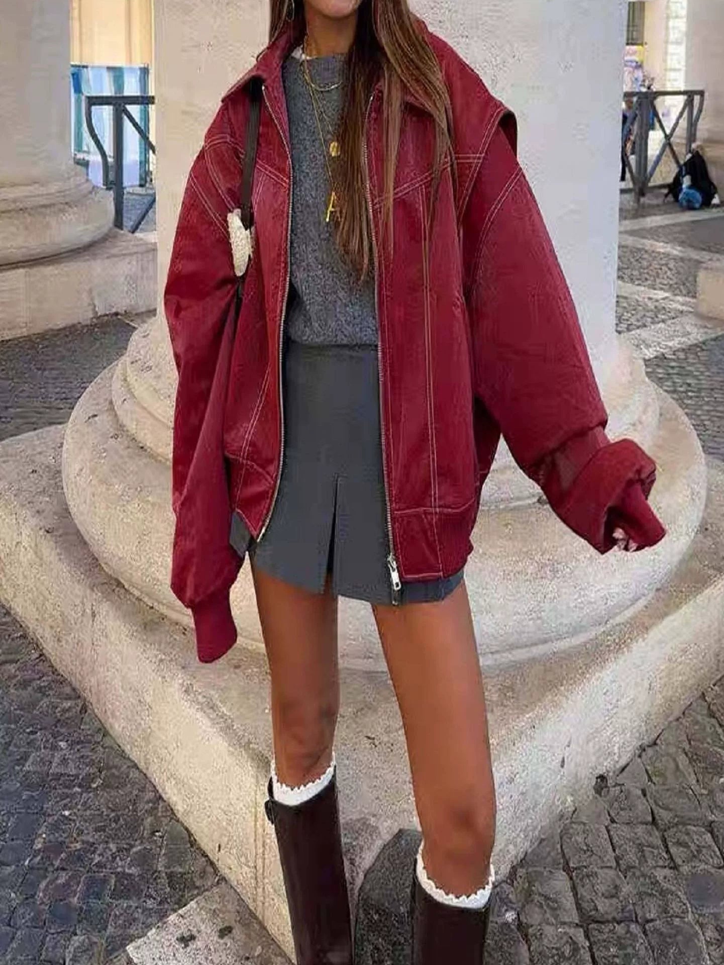 Women’s Oversized Jacket – Relaxed Fit – Contrast Stitching – Elastic Cuffs – Zip Front