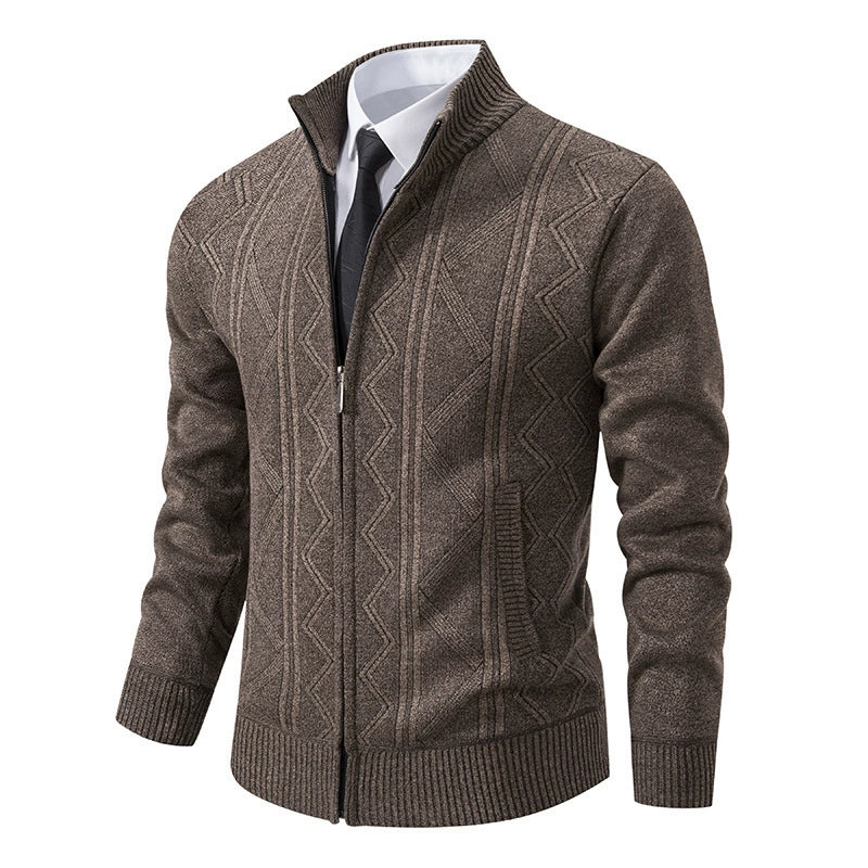 Men’s Cardigan Jacket – Wool Knit – Tailored Fit – Stand Collar – Zipper Closure