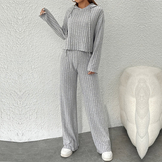 Women’s Loungewear Set – Knitted Ribbed – Hooded Top – Relaxed Fit – Wide Leg Pants
