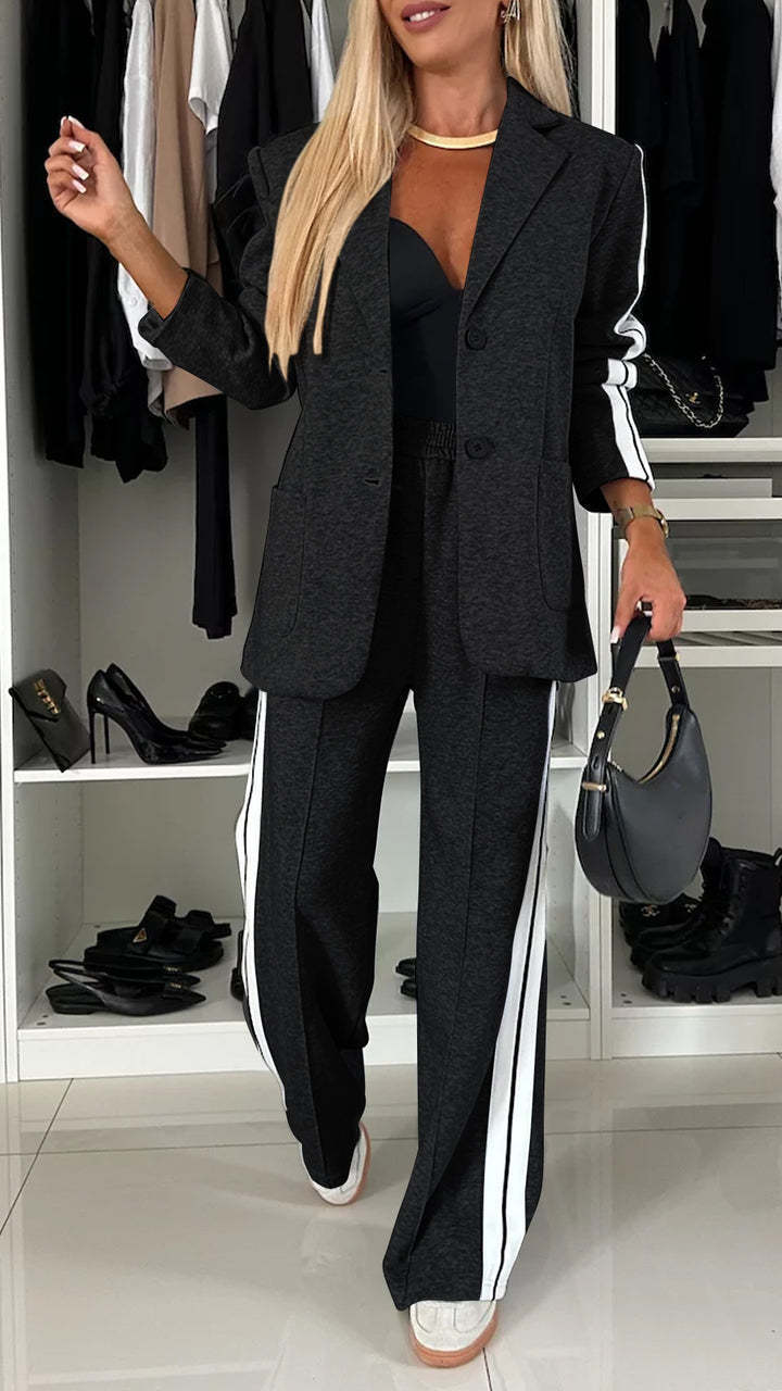 Women’s Blazer and Trouser Set – Relaxed Fit – Notched Lapel – Side Stripe Trousers