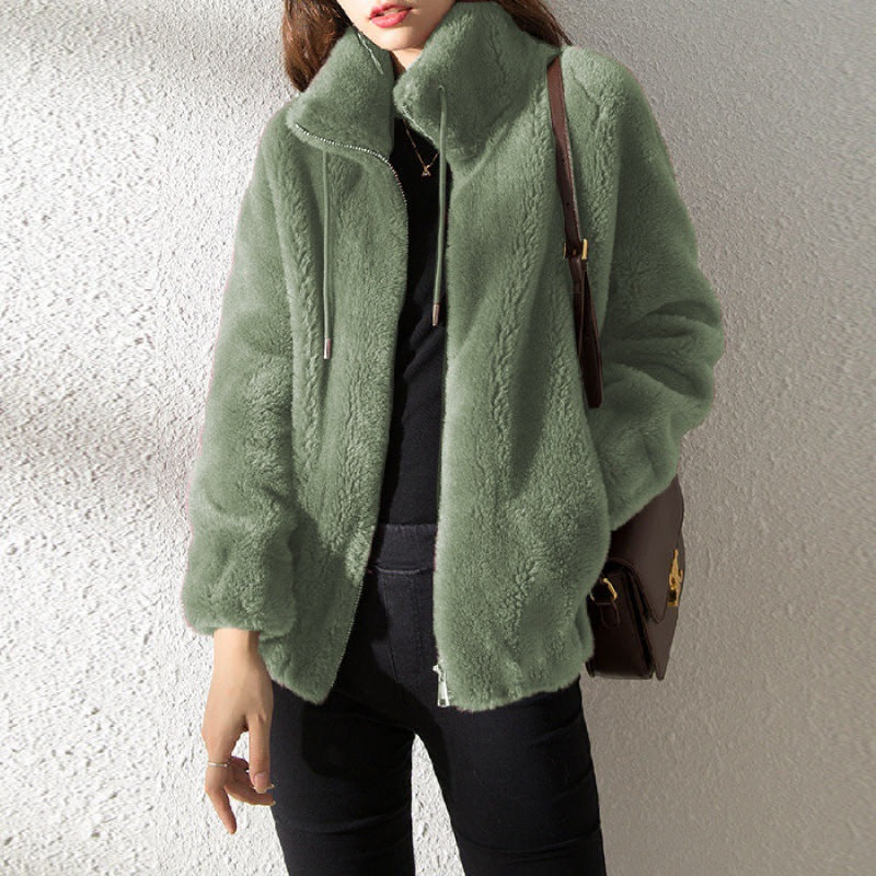 Women’s Bomber Jacket – Plush Fleece – Relaxed Fit – Stand Collar – Zip Front Closure