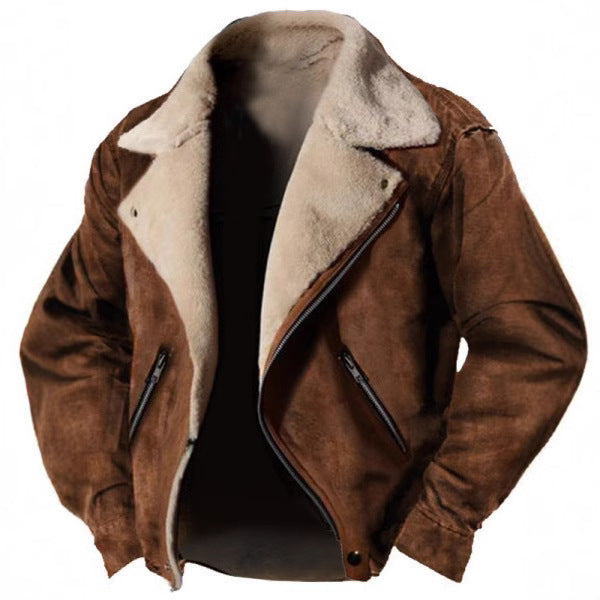 Men’s Suede Jacket – Shearling Lined – Structured Fit – Retro Lapel – Zipped Pockets