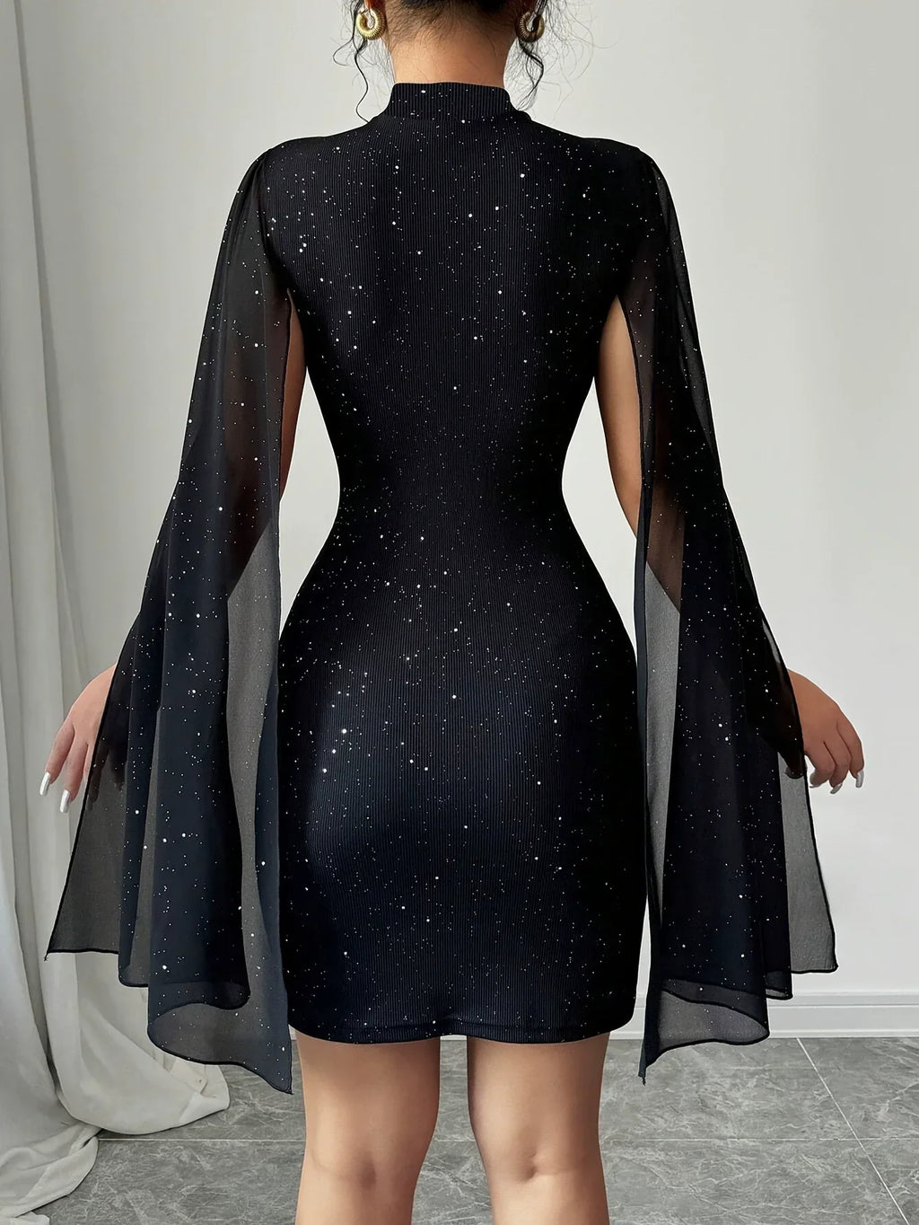 Women’s Mini Dress – Slim Fit – Sheer Cape Overlay – Stand Collar – Sparkle Detail