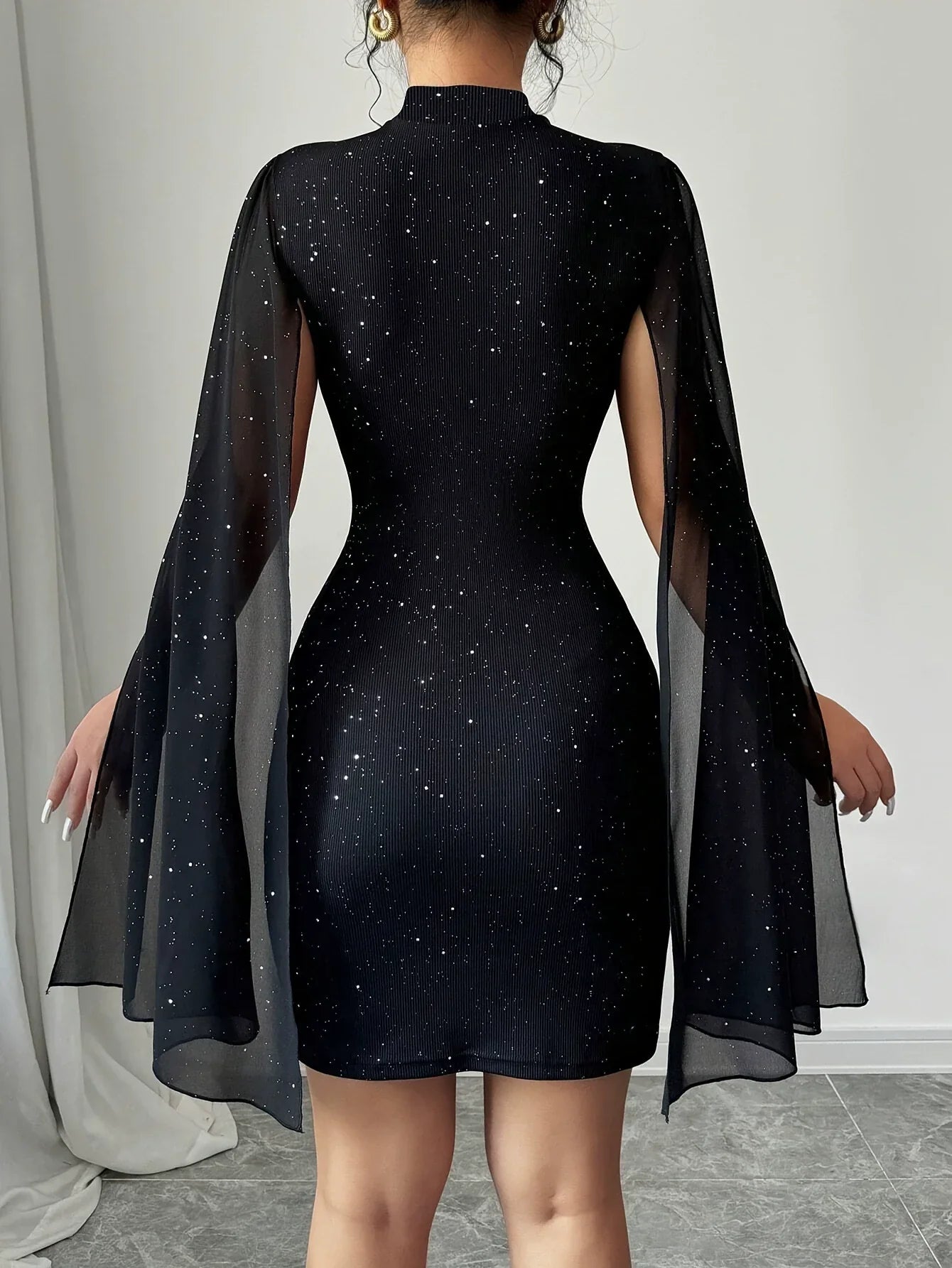 Women’s Mini Dress – Slim Fit – Sheer Cape Overlay – Stand Collar – Sparkle Detail