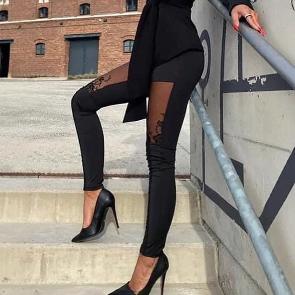 Women’s Slim Trousers – Stretch Fit – Lace Side Panels – Full Length Evening Wear
