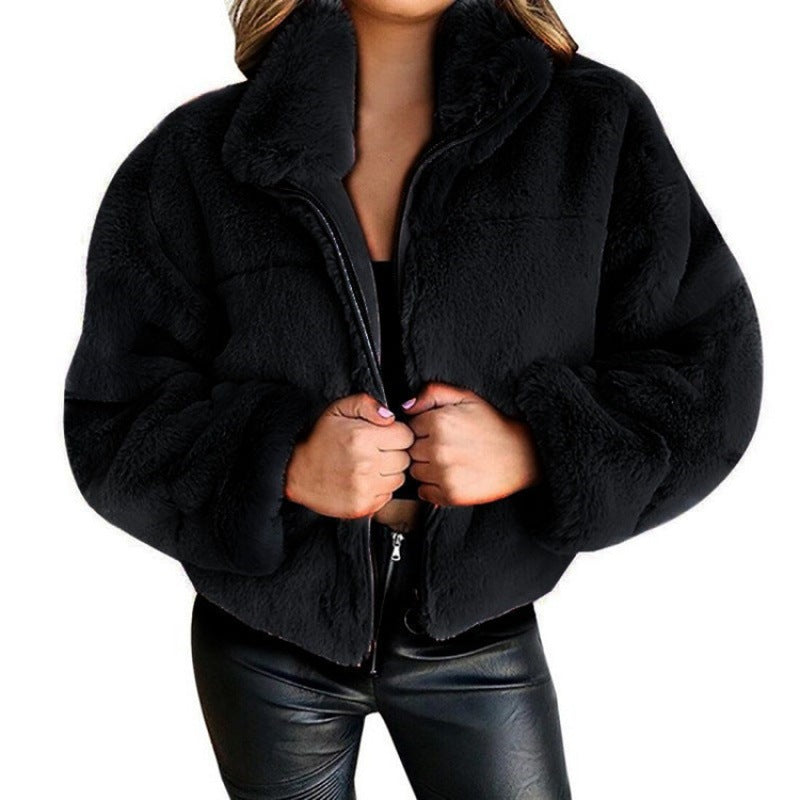 Women’s  Faux Fur Coat – Oversized Fit – Mid-Length – Zipper – High Collar