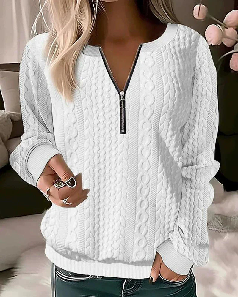 Women’s Zipper Sweatshirt – Cable Knit – Relaxed Fit – Ribbed Trim – Casual Wear