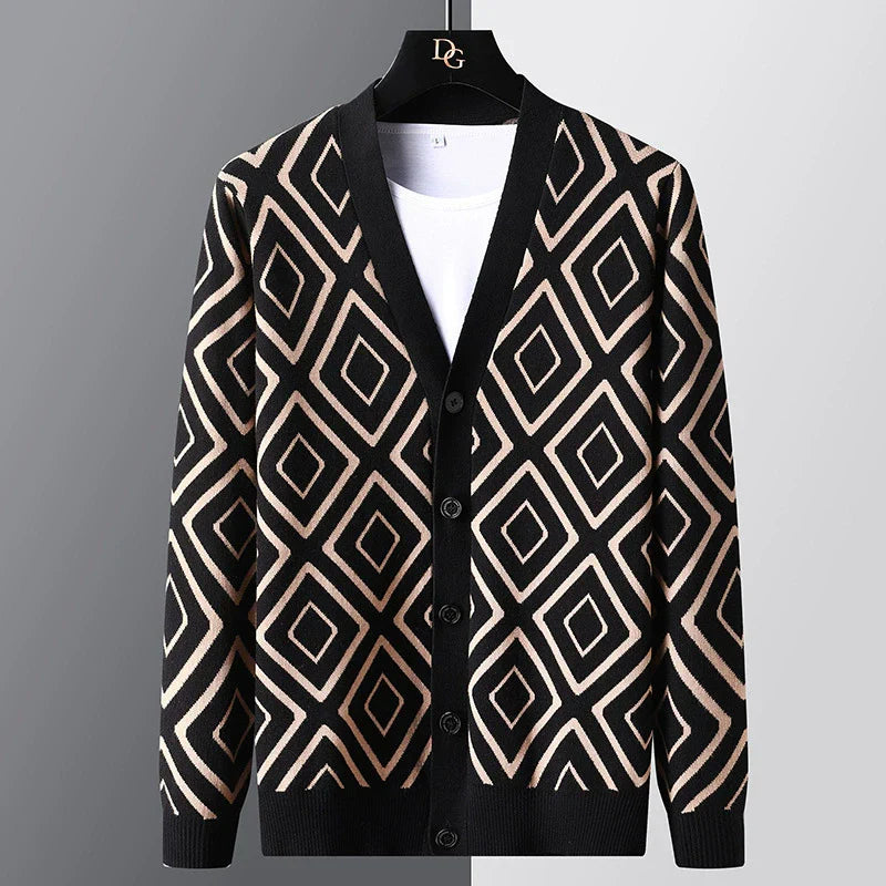 Men’s Cardigan Sweater – Slim Fit – Knitted Wool Blend – Jacquard – Button Front Layer