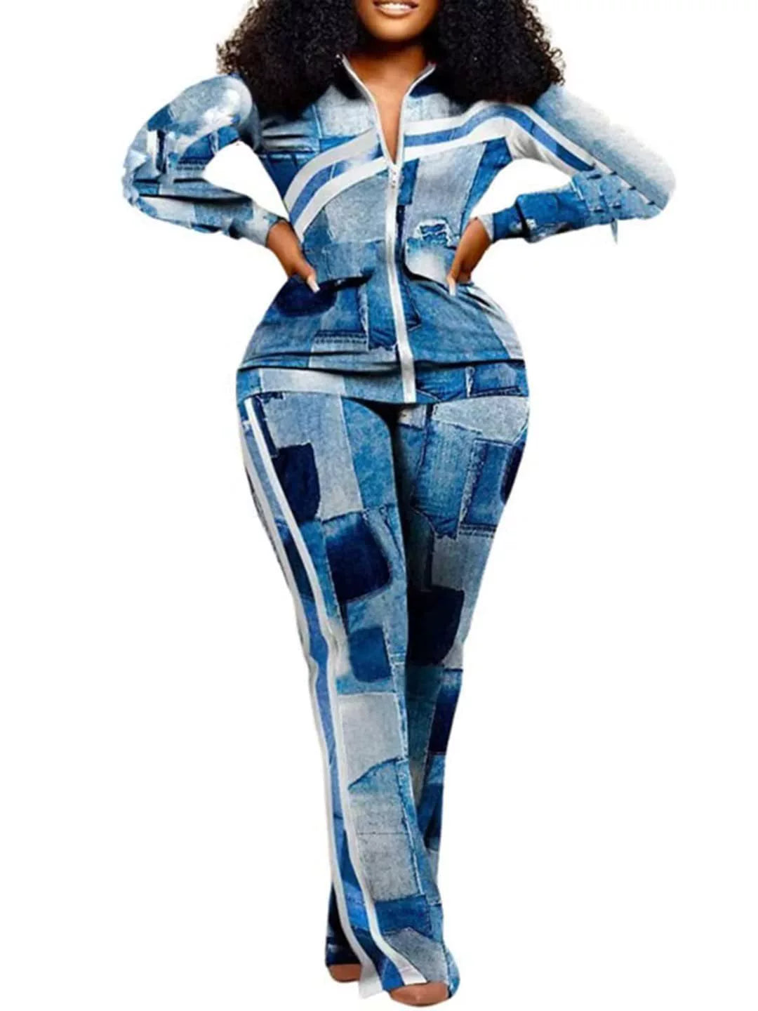 Women’s Two-Piece Trousers Suit – Slim Fit – Animal Print – Zip Jacket – Stretch Fabric