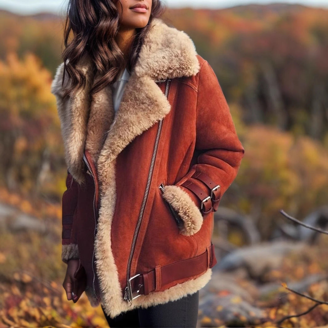 Women’s Coat – Oversized Fit – Faux Fur Collar – Cotton Feel – Zip Detail – Mid Length