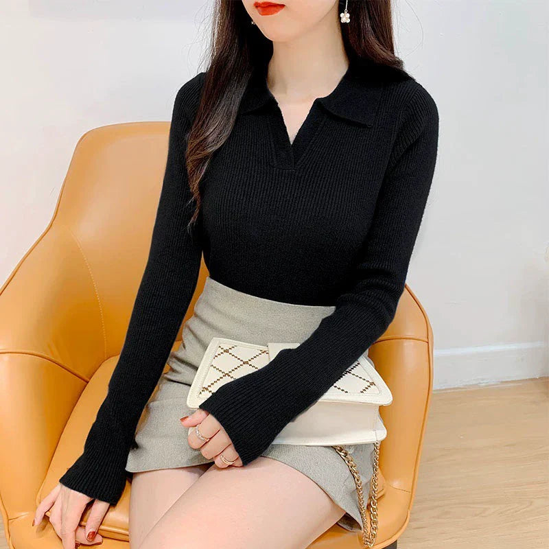 Women’s Knitted Sweater – Slim Fit – Lapel Collar – Ribbed Texture – Long Sleeve