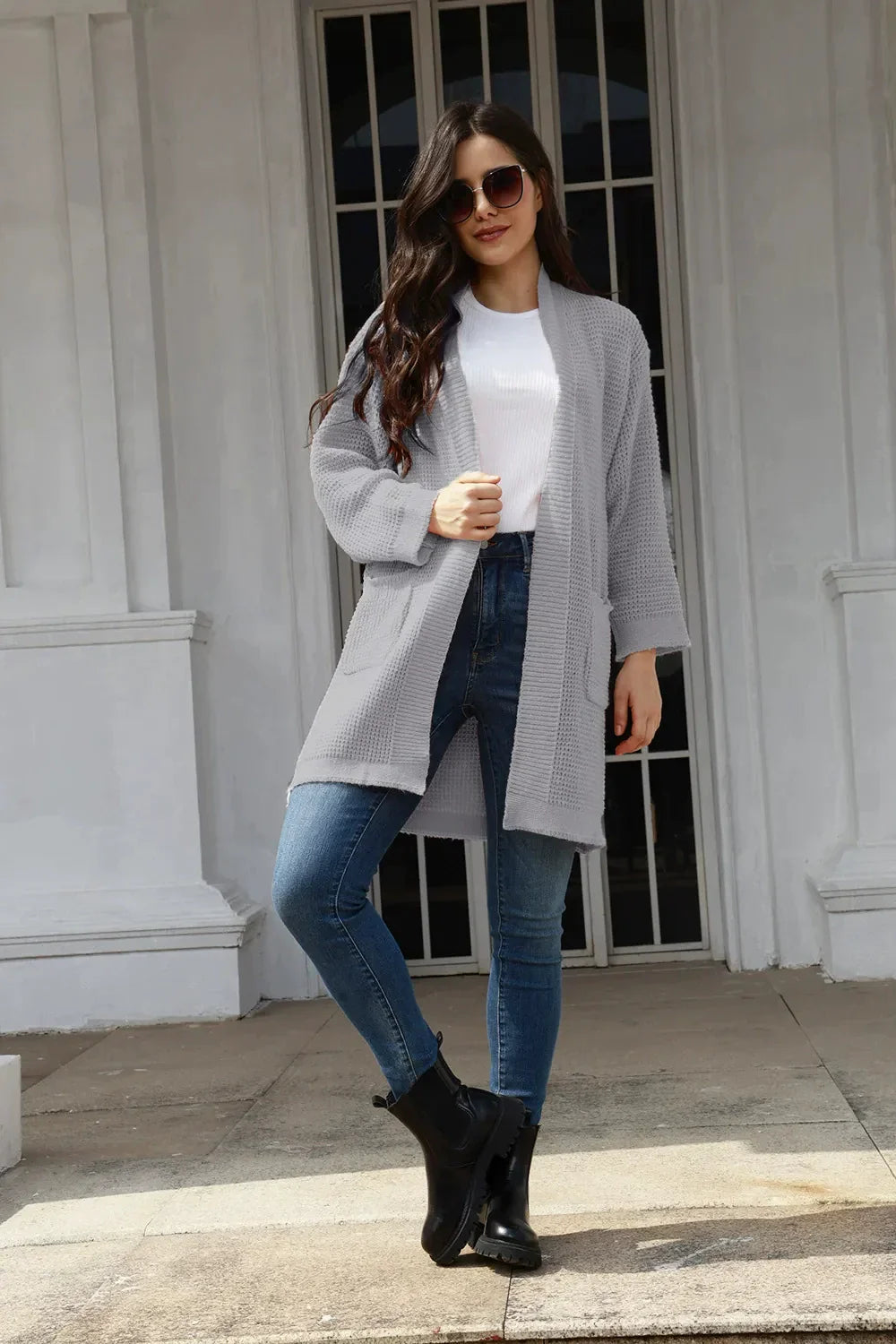 Women’s Cardigan – Relaxed Fit – Knitted Texture – Open Front – Mid-Length with Pockets