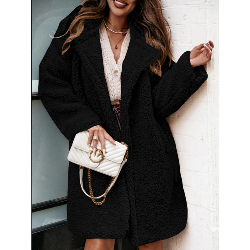 Women’s Plush Coat – Oversized Fit – Mid Length – Wide Lapel – Long Sleeve Casual