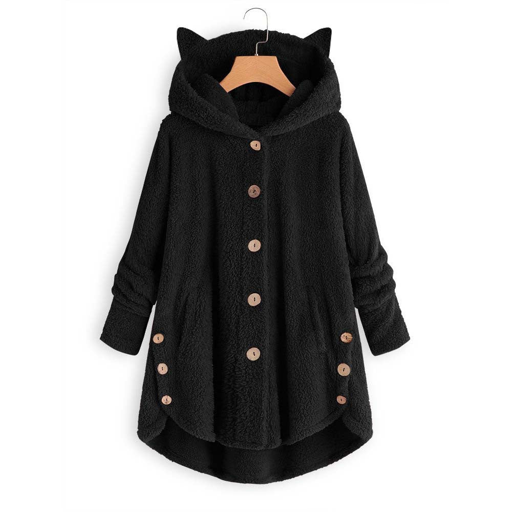 Women’s Hooded Coat – Plush Fabric – Oversized Fit – Cat Ear Hood – Button Front