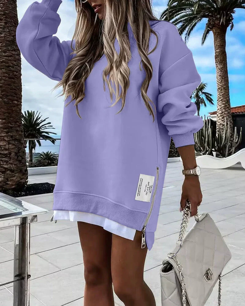 Women’s Sweatshirt Dress – Oversized Fit – Cotton Blend – Zipper Detail – Mini Length