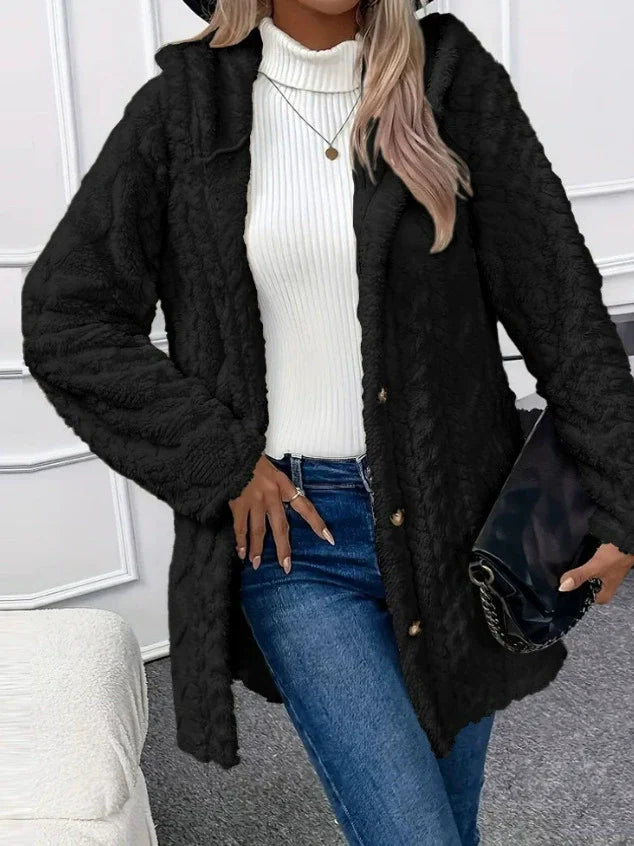 Women’s Long Jacket – Textured Fleece – Oversized Fit – Hooded Button Front