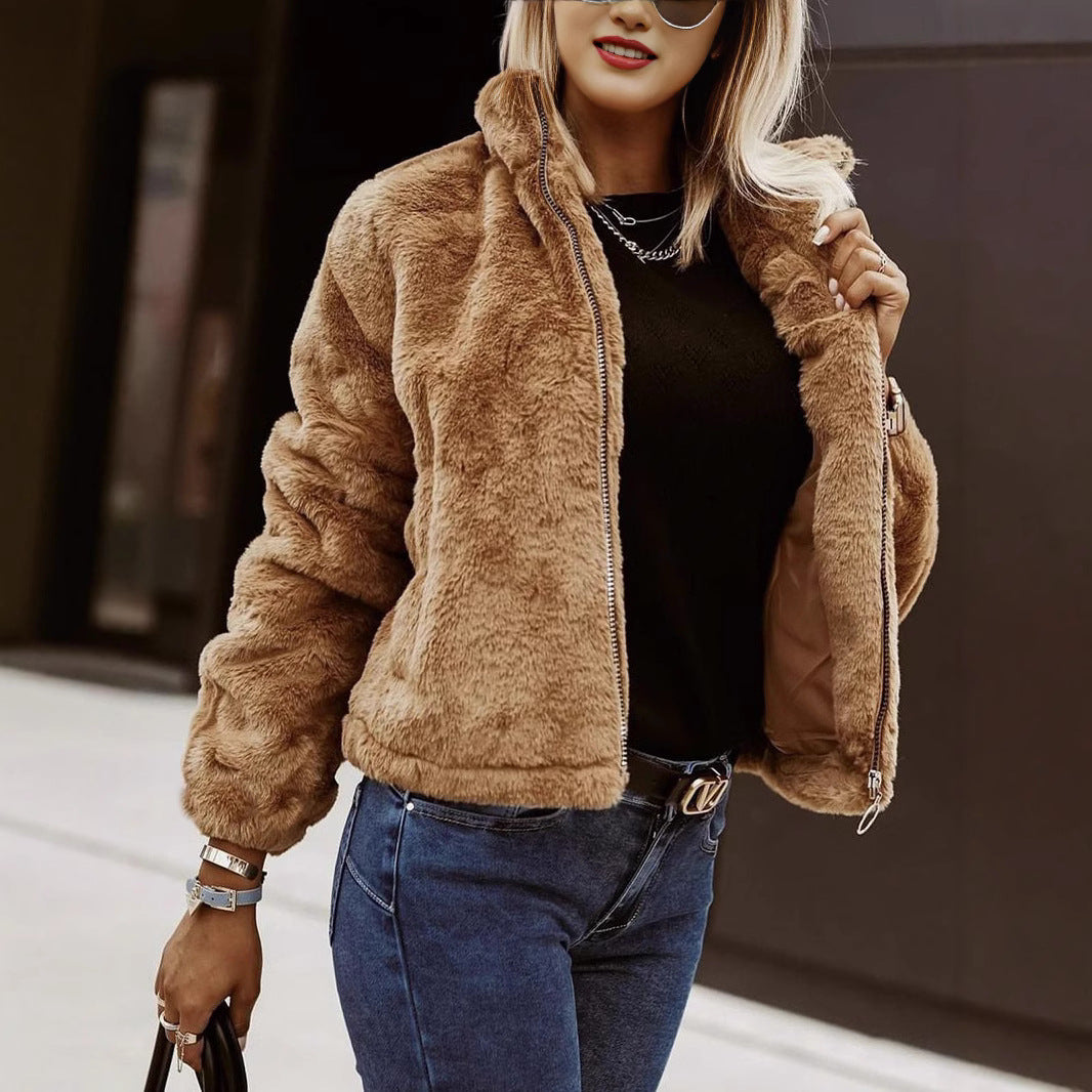 Women’s Faux Fur Coat – Oversized Fit – High Collar – Zipper Front – Plush Texture
