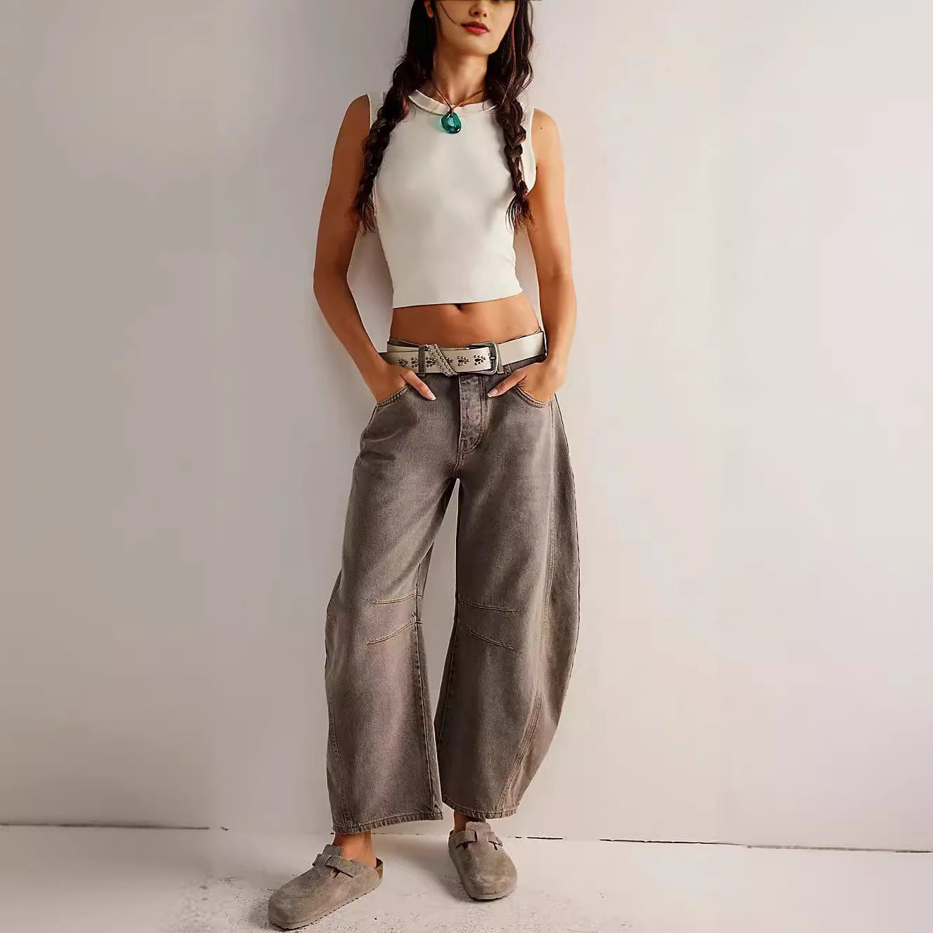 Women’s Jeans – Wide Leg – Loose Fit – Mid-Low Waist – Full Length Denim Casual