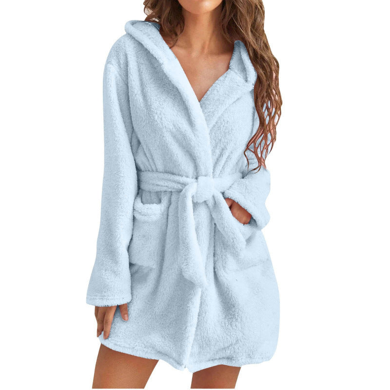 Women’s Bathrobe – Plush Fleece Feel – Relaxed Fit – Hooded Shawl Collar – Belted
