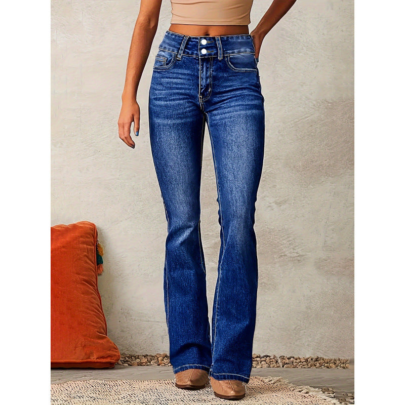 Women’s Flared Jeans – High Waist Stretch Denim – Vintage Seams – Full Length Fit
