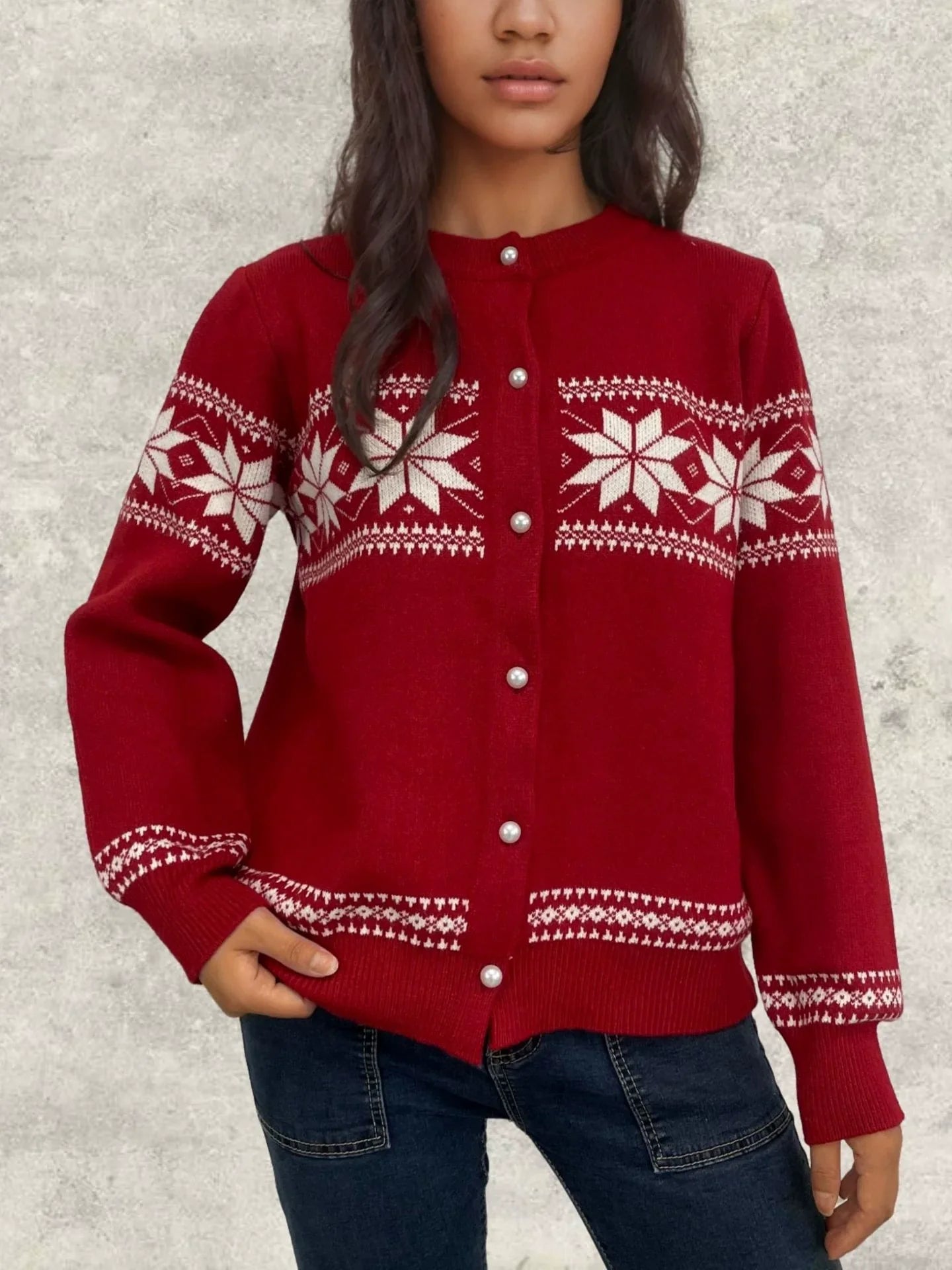Women’s Cardigan – Wool Knit – Regular Fit – Snowflake Pattern – Button Front