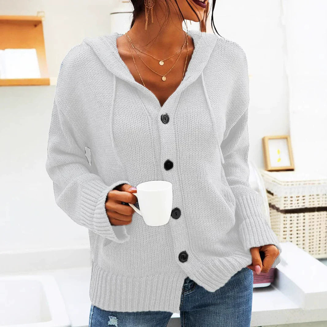 Women’s Hooded Cardigan – Knit Fabric – Relaxed Fit – Button Front – Ribbed Hem
