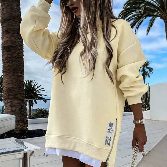 Women’s Sweatshirt Dress – Oversized Fit – Cotton Blend – Zipper Detail – Mini Length