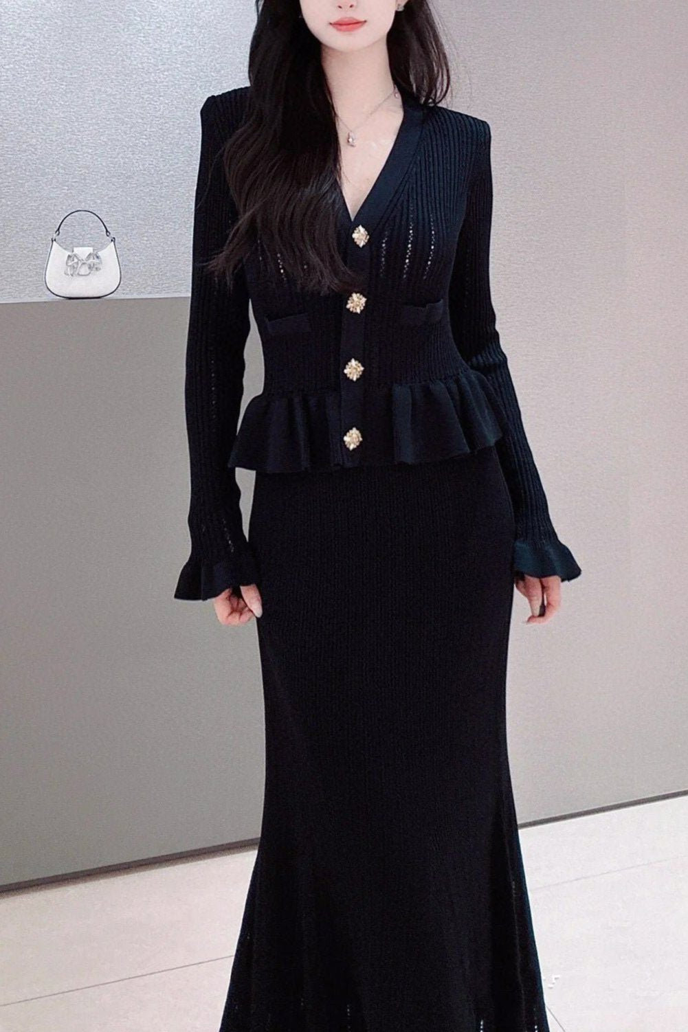 Concepcion® | Set of Elegant Button Front Knit Top & Skirt