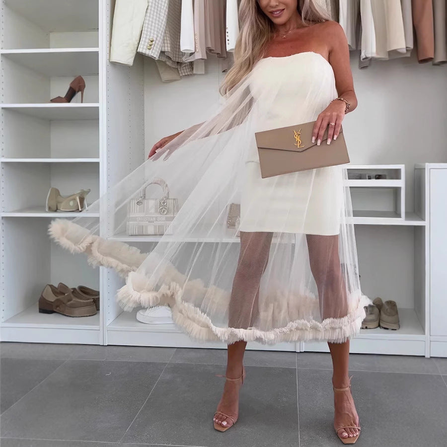 Naomi | Elegant Tulle Overlay Ruffle Hem Midi Dress