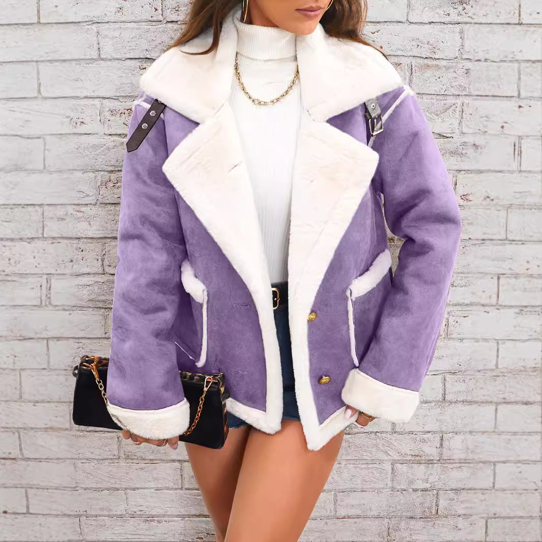 Women’s Faux Fur Jacket – Oversized Fit – Suede Look – Double-Breasted – Hip Length