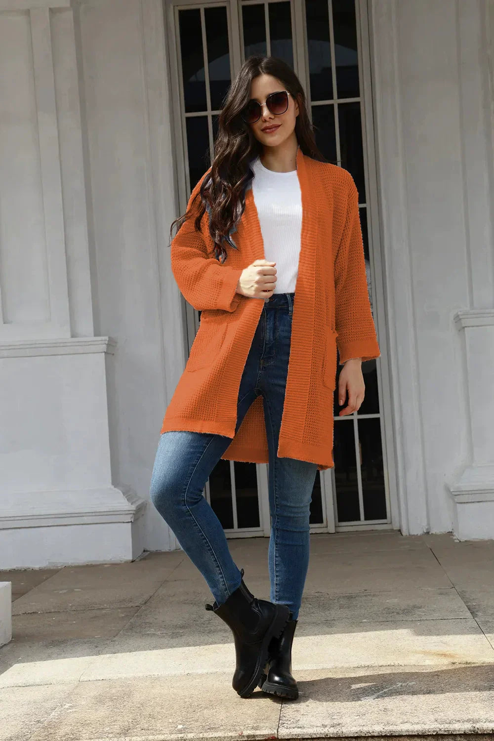 Women’s Cardigan – Relaxed Fit – Knitted Texture – Open Front – Mid-Length with Pockets