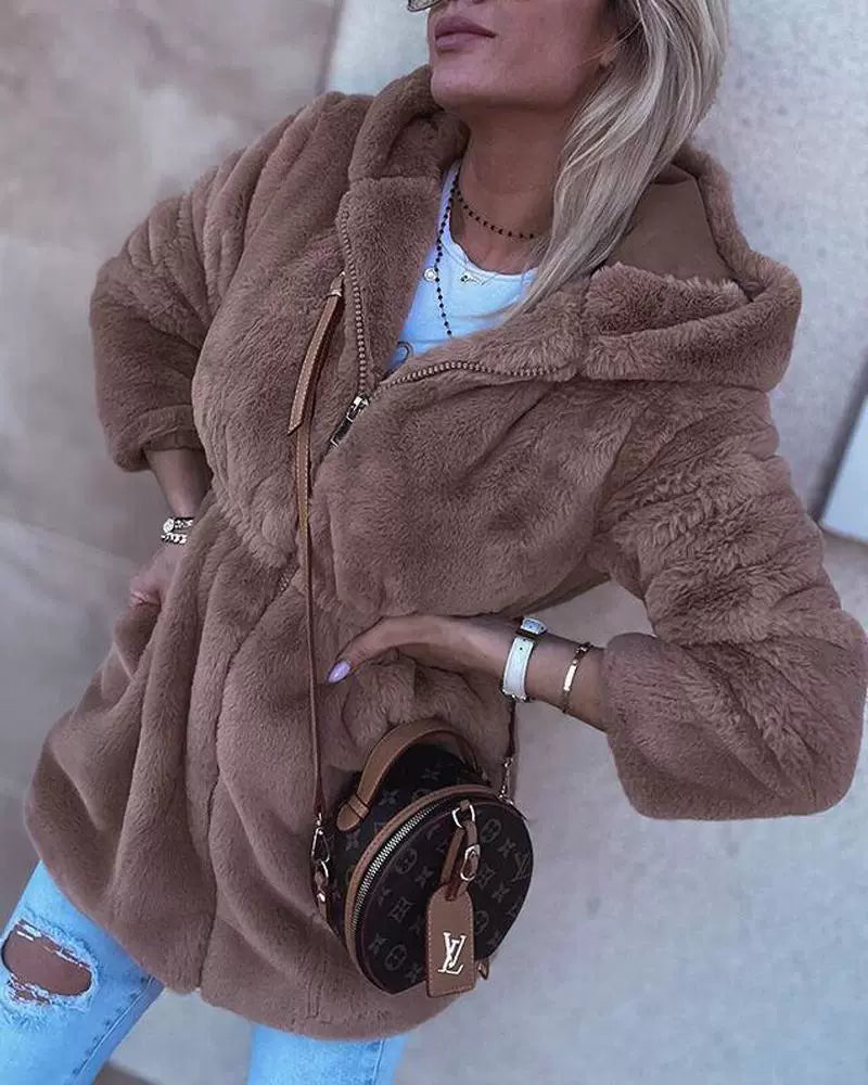 Women’s Cardigan Jacket – Plush Fabric – Relaxed Fit – Hood – Drawstring Waist – Zip Front