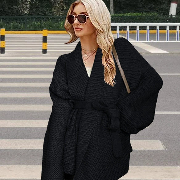 Women’s Cardigan – Chunky Knit – Oversized Fit – Waist Tie – Mid-Length Wool Layer