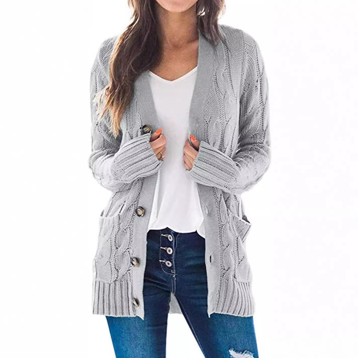 Women’s Cardigan – Wool Blend Knit – Relaxed Fit – Button Front – Mid-Length with Pockets