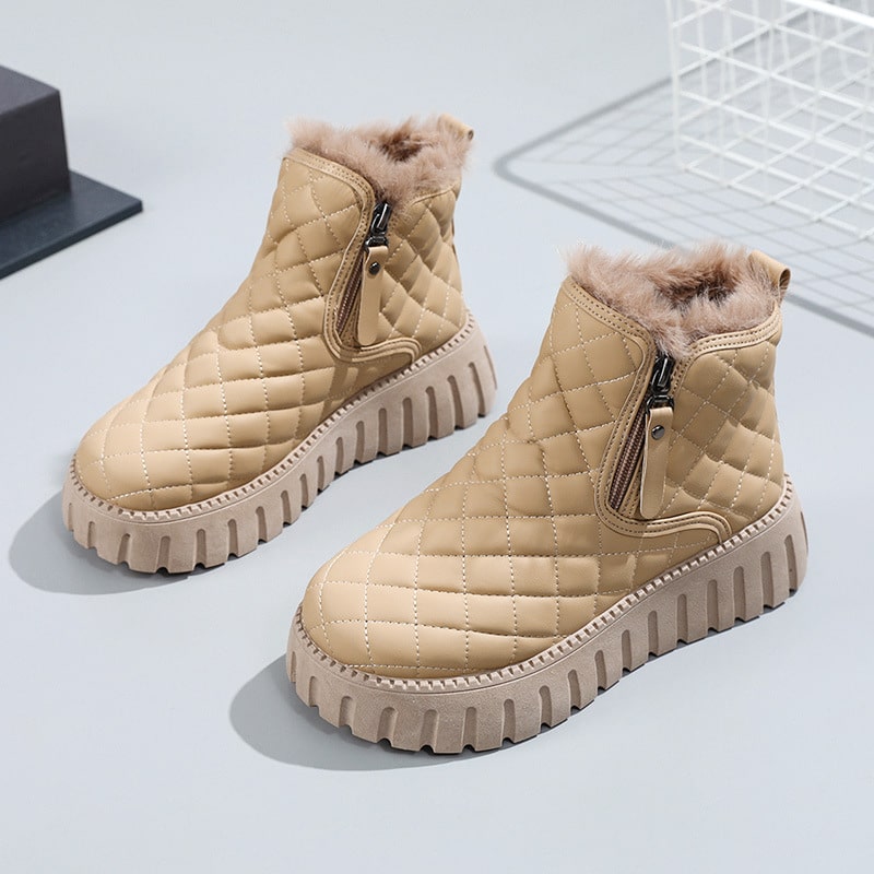 Women’s Ankle Boots – Quilted Upper – Faux Fur Lining – Side Zip Platform Sole