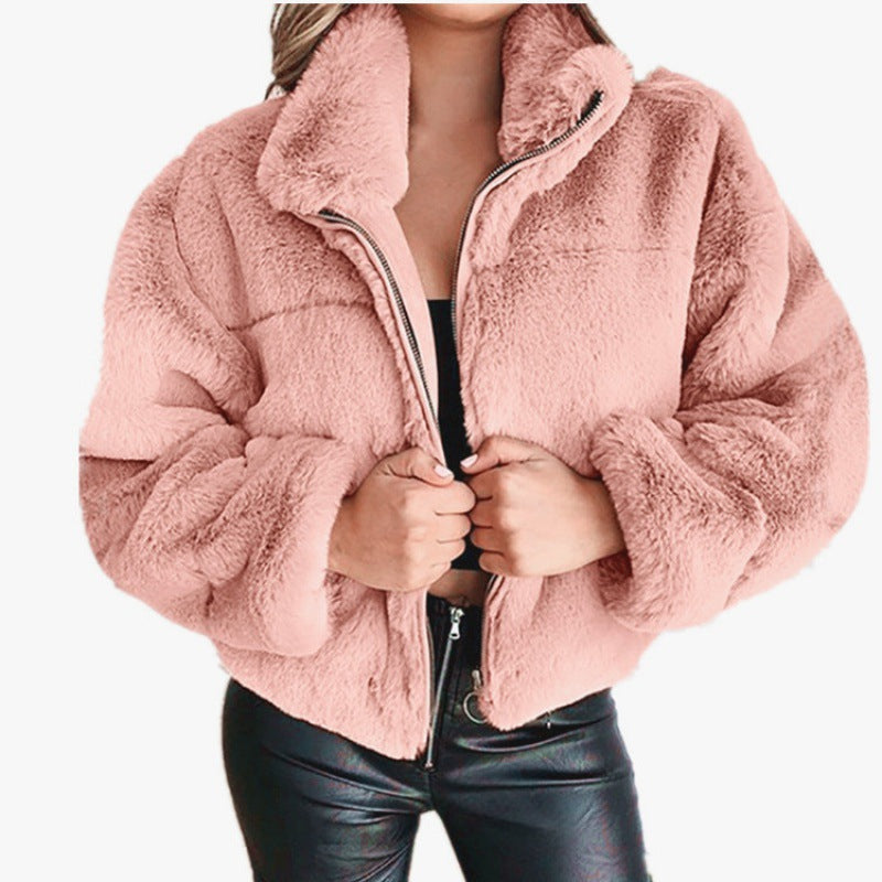 Women’s  Faux Fur Coat – Oversized Fit – Mid-Length – Zipper – High Collar