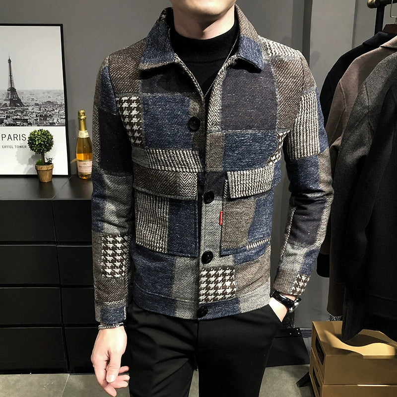 Men’s Jacket – Slim Fit – Wool – Plaid Patchwork – Button-Up with Chest Pockets