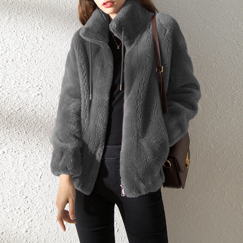 Women’s Bomber Jacket – Plush Fleece – Relaxed Fit – Stand Collar – Zip Front Closure