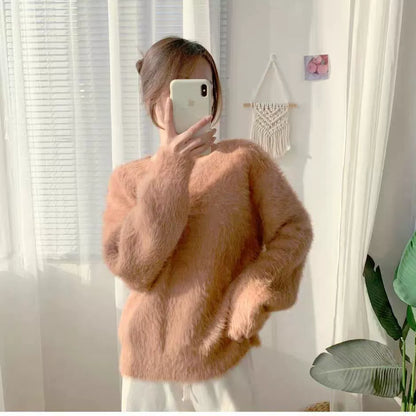 Women’s V-Neck Sweater – Fluffy Knit – Loose Fit – Ribbed Trim – Long Sleeve Casual Wear